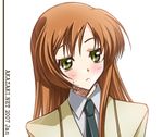  akazaki_yasuma blazer blush close-up code_geass frown green_eyes jacket long_hair lowres necktie orange_hair school_uniform shirley_fenette simple_background solo 