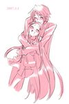  1girl artist_request dated hug kita_high_school_uniform koizumi_itsuki long_hair long_sleeves monochrome pink school_uniform serafuku suzumiya_haruhi_no_yuuutsu tsuruya very_long_hair 