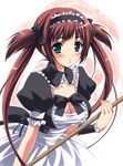  airi_(queen's_blade) apron bangs bow breasts brown_hair choker cleavage ena_roseo frills green_eyes large_breasts long_hair maid maid_headdress queen's_blade ribbon simple_background solo wrist_cuffs 