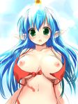  bikini blue_hair breasts demon_girl green_eyes hima horn large_breasts momotarou_densetsu nipples oni pointy_ears sketch solo swimsuit wardrobe_malfunction yasha 