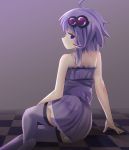  1girl ahoge bangs bare_arms bare_shoulders blush checkered checkered_floor commentary_request dress eyebrows_visible_through_hair hair_between_eyes hair_ornament highres long_hair looking_at_viewer looking_back parted_lips profile purple_dress purple_eyes purple_hair purple_legwear ryogo solo strapless strapless_dress thighhighs voiceroid yuzuki_yukari 