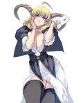  1girl ahoge black_legwear blonde_hair blue_eyes breasts choker cleavage highres horns letter long_hair looking_at_viewer love_letter masao original puffy_sleeves short_sleeves solo thighhighs 