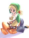  :o apron bag bangs black_legwear blonde_hair blush bottle box breasts chemist_(fft) cleavage collarbone eyebrows_visible_through_hair final_fantasy final_fantasy_tactics finger_to_mouth grass green_eyes hima kneeling long_hair long_skirt long_sleeves low_ponytail lowres open_mouth parted_bangs purple_skirt shoes simple_background skirt small_breasts smile socks solo tareme white_apron white_background yellow_footwear 