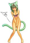  animal_ears barefoot blush bottomless bra bustier cat_ears clothes_theft copyright_request covering covering_crotch cursor feet frown green_hair hairband hands lace lace-trimmed_bra lingerie panties panties_removed red_eyes shunin solo tail tears theft underwear underwear_only underwear_theft white_panties 