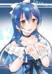 1girl bangs blue_dress blue_hair blush bow choker collarbone commentary_request dated dress earrings eyebrows_visible_through_hair hair_between_eyes hair_bow hair_ornament highres jewelry kira-kira_sensation! long_hair looking_at_viewer love_live! love_live!_school_idol_festival love_live!_school_idol_project open_mouth rin5325 simple_background smile solo sonoda_umi upper_body yellow_eyes 