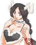  animal_ears bikini black_bikini black_hair bleach braid breasts bunny_ears cleavage collar fingers_to_mouth fur_collar fur_trim hand_up heart_bikini large_breasts lowres puchi_(code-k) simple_background single_braid smile solo string_bikini swimsuit unohana_retsu upper_body white_background 