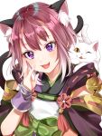  1girl :3 :d ;3 animal animal_ear_fluff animal_ears animal_on_shoulder bangs bell cat cat_ears cat_on_shoulder cat_tail commentary_request detached_sleeves fang hand_on_own_cheek ito22oji japanese_clothes jingle_bell kimono looking_at_viewer miyasaka_tamaki obi open_mouth princess_connect! princess_connect!_re:dive purple_eyes purple_hair ribbon_trim sash short_hair slit_pupils smile solo tail tassel upper_body white_background white_cat wrist_cuffs 