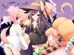  akino_momiji animal_ears bottomless dog_ears dog_tail eretto green_panties halloween hat kiriyama_sakura long_sleeves multiple_girls panties sakura_musubi sera_karen striped striped_panties tail underwear witch_hat 