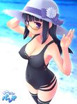  aoi_kumiko arin black_hair blue_eyes breasts casual_one-piece_swimsuit cleavage covered_nipples glasses hand_on_headwear hat large_breasts navel one-piece_swimsuit pangya solo straw_hat sun_hat swimsuit thighhighs water waving 