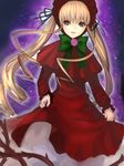  artist_request blonde_hair blue_eyes bonnet bow bowtie cowboy_shot dress drill_hair green_bow green_neckwear long_hair long_sleeves looking_at_viewer plant red_dress rozen_maiden shinku sidelocks solo thorns twintails vines wide_sleeves 
