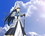  armor armored_dress dress fate/stay_night fate_(series) hands_on_hilt hat parody rance_(series) sengoku_rance solo sword toshibou_(satsukisou) uesugi_kenshin_(rance) weapon wind 