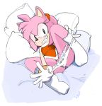  amy_rose anthro barely_visible_genitalia barely_visible_pussy clitoris clothed clothing dress eulipotyphlan eyelashes female gloves grin hairband hedgehog legwear looking_at_viewer lying mammal on_back panties panties_down pillow pussy smile socks solo sonic_(series) sooperman underwear undressing 