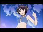  bikini clenched_hand cloud day double_bun fishnets flat_chest hair_ribbon himawari! hinata_himawari jpeg_artifacts letterboxed lowres navel open_mouth purple_hair ribbon screencap sky solo swimsuit tankini yellow_eyes 