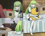  1girl :3 barefoot bodysuit c.c. cheese-kun code_geass feet food green_hair lelouch_lamperouge long_sleeves pizza pizza_hut screencap soles straitjacket toes white_bodysuit 