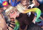  1girl 2boys abs arm_grab arm_held_back bar_censor blonde_hair blue_eyes blush bodysuit breasts censored covered_nipples dark_skin fellatio gameplay_mechanics grabbing grabbing_from_behind gradient_hair granblue_fantasy hair_ornament hand_on_another&#039;s_head hanging_breasts io_euclase long_hair multicolored_hair multiple_boys muscle oral penis rainbow_hair sex skin_tight small_breasts steam stomach_bulge sweat tenken_(gotannda) thighhighs twintails veins veiny_penis wrist_grab 
