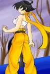  ahoge bare_shoulders belt beltbra black_hair clenched_hand cowboy_shot elazuls-core fighting_stance from_behind makoto_(street_fighter) pants scarf short_hair solo standing street_fighter street_fighter_iii_(series) tomboy yellow_pants yellow_scarf 