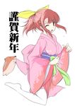  95-tan boar japanese_clothes kimono long_sleeves new_year os-tan pink_hair ponytail shijou_sadafumi solo sweat thighhighs 