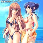  bikini blue_eyes blue_hair blue_sarong breasts brown_hair cleavage copyright_request day glasses green_eyes hair_up jewelry kamei long_hair medium_breasts midriff multiple_girls necklace sarong sarong_removed swimsuit underboob water zanshomimai 