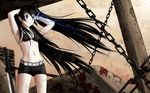  black_bra black_hair black_rock_shooter black_rock_shooter_(character) black_shorts blue_eyes bra burning_eye katana long_hair navel outdoors short_shorts shorts solo sword underwear very_long_hair weapon 