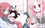  aqua_eyes candy cat food foreshortening garden_(game) hands highres himemiya_ruri hoshino_erika lollipop looking_back multiple_girls oouso pink_hair reaching red_eyes smile stuffed_animal stuffed_bunny stuffed_panda stuffed_toy thighhighs wallpaper 