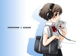  bag blue_background bow bowtie brown_eyes brown_hair buttons cable cd_case collared_shirt copyright_name from_side headphone_+_musume headphones holding looking_at_viewer looking_to_the_side otakubeam over_shoulder red_bow school_bag school_uniform shirt short_hair simple_background solo upper_body 