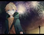  :o aerial_fireworks aqua_eyes bag blonde_hair fire_flower_(vocaloid) fireworks headphones hood hoodie kagamine_len letterboxed male_focus messenger_bag power_lines revision shoulder_bag solo tama_(songe) vocaloid 