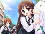  brown_eyes brown_hair clouds game_cg green_eyes hachikazuki_chizuru harukazedori_ni_tomarigi_wo_2nd_story kawakoshi_saeko leaves long_hair ribbons seifuku short_hair sky 