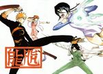  black_eyes black_hair bleach blue_eyes braids brown_eyes chinese_dress glasses gloves inoue_orihime ishida_uryuu kuchiki_rukia kurosaki_ichigo orange_hair ribbons short_hair sword thigh-highs weapon 