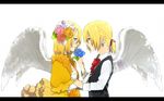  angel blonde_hair blue_eyes crying flowers gloves kagamine_len kagamine_rin ponytail short_hair vocaloid wings 