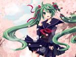  aqua_eyes aqua_hair cherry_blossoms hatsune_miku long_hair petals seifuku skirt sky twintails vocaloid 