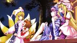  blonde_hair blush brown_hair catgirl chen dress fang foxgirl group hat japanese_clothes kimono long_hair purple_hair ribbons saigyouji_yuyuko short_hair tail touhou violet_eyes yakumo_ran yakumo_yukari yellow_eyes 