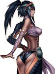  arm_behind_back armor ass back bangs bare_shoulders blue_hair breasts covered_nipples curvy dark_skin detached_sleeves fishnets from_behind fumio_(rsqkr) hairband halterneck hand_on_hip large_breasts long_hair looking_at_viewer looking_back monster_hunter nargacuga_(armor) red_eyes sash scrunchie see-through sidelocks sketch solo standing teeth turtleneck 