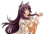  animal_ears bakemonogatari black_hair breasts cat_ears cleavage glasses hanekawa_tsubasa long_hair masato_(mk) medium_breasts monogatari_(series) nekomonogatari nyan-nyan_dance paw_pose solo 