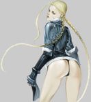  alternate_costume antenna_hair ass blonde_hair braid cammy_white elbow_gloves from_behind gloves green_eyes ikeda_masateru long_hair looking_back scar solo street_fighter street_fighter_iv_(series) twin_braids very_long_hair 
