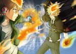  blonde_hair brown_hair cape fire giotto gloves headphones katekyou_hitman_reborn orange_eyes sawada_tsunayoshi short_hair tie vongola_primo 