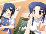  apron blue_hair brown_eyes food glasses primitive_link purple_software red_eyes 