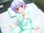  blue_hair blush brown_eyes game_cg pajamas valentine_pink 