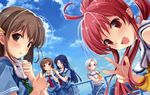  ^_^ absurdres ahoge blue_hair blush brown_eyes brown_hair closed_eyes cloud day hanami_mariya highres huge_filesize koga_sayoko long_hair misaki_kurehito miyamae_tomoka multiple_girls nakano_hinata red_eyes red_hair school_uniform serafuku short_hair silver_hair sky smile suiheisen_made_nan_mile? tsuyazaki_kokage v 