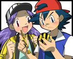  1girl amada art_brush backwards_hat baseball_cap hat holding holding_poke_ball nanako_(pokemon) open_mouth paint paintbrush painting poke_ball pokemon pokemon_(anime) pokemon_(classic_anime) purple_hair satoshi_(pokemon) twintails 