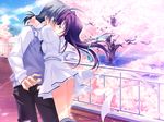  blue_hair cherry_blossoms dress game_cg green_hair harukazedori_ni_tomarigi_wo_2nd_story kiss kneehighs long_hair male petals purple_hair ribbons skirt sky tree water 