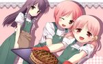  :d akino_momiji apron food highres ichikura_(bk) kiriyama_sakura looking_at_viewer multiple_girls one_eye_closed open_mouth oven_mitts pie pink_hair red_eyes sakura_musubi sera_karen short_hair smile tray twintails wallpaper 