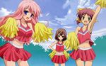  baka_to_test_to_shoukanjuu blue_eyes blush brown_hair cheerleader green_eyes himeji_mizuki kinoshita_hideyoshi long_hair pink_hair shimada_minami short_hair skirt trap 