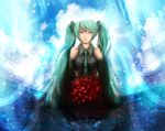  blue_eyes green_hair hatsune_miku heart rose sky twintails vocaloid 