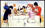  abarai_renji black_eyes black_hair bleach braids brown_eyes brown_hair food glasses group hat inoue_orihime ishida_uryuu kubo_tite kuchiki_rukia kurosaki_ichigo long_hair orange_hair ponytail redhead ribbons short_hair shorts yasutora_sado 