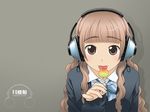  bose brown_eyes brown_hair candy cardigan food headphone_+_musume headphones lollipop long_hair long_sleeves original otakubeam school_uniform solo staring tongue 