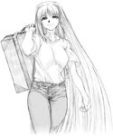  aozaki_aoko closed_mouth denim face greyscale hands jeans long_hair monochrome pants sketch smile solo suitcase tsukihime very_long_hair yamaguchi_homupe 