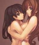  ar_tonelico ar_tonelico_i aurica_nestmile blue_eyes breasts brown_hair green_eyes hug large_breasts medium_breasts misha_arsellec_lune multiple_girls nagi_ryou nude official_art yuri 