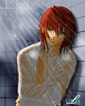  against_wall bishounen copyright_request long_sleeves male_focus maya_yamada red_hair see-through showering solo wet 