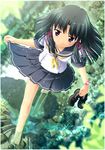  barefoot black_hair from_above holding holding_shoes loafers original purple_eyes school_uniform serafuku shoes skirt skirt_hold solo sparkle stream wading walking watch water wristwatch yamabuki_zarame 