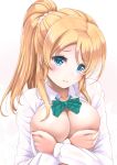  10s 1girl ayase_eli blonde_hair blue_eyes blush breasts breasts_outside covering covering_breasts eyebrows_visible_through_hair frapowa large_breasts long_hair looking_at_viewer love_live! love_live!_school_idol_project open_clothes open_shirt otonokizaka_school_uniform ponytail school_uniform simple_background solo sparkle tears tied_hair upper_body white_background 